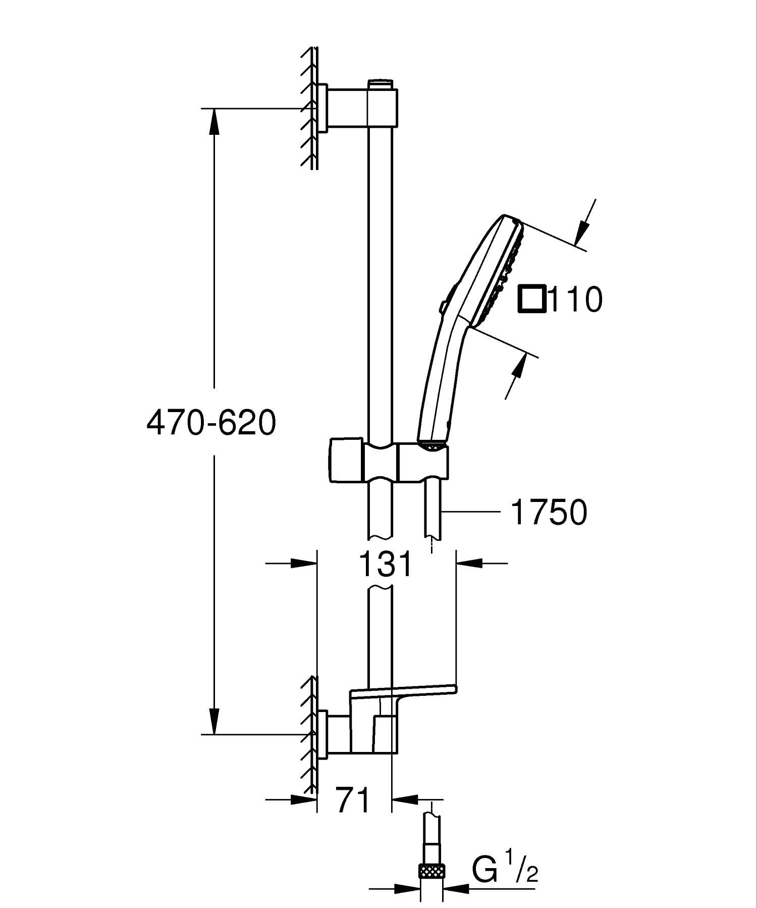 GROHE Vitalio Comfort 110 Set Saliscendi Doccia (2 getti Rain e Jet, asta 600 mm, flessibile, SpeedClean anticalcare), Cromo, 26929001