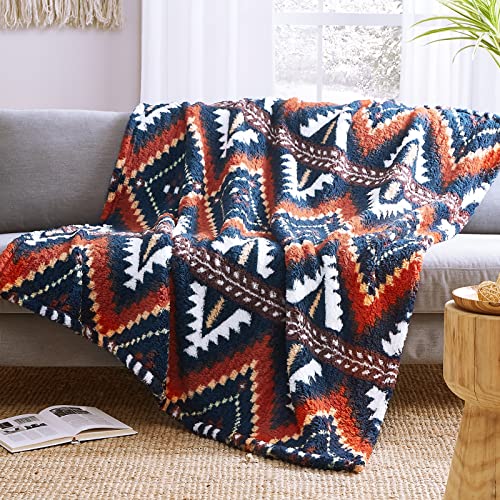 CASAAGUSTO Boho Sherpa Throw Blanket, Aztec Throw, Ultra Soft, Warm, Cozy, Plush, Thick Fleece Bohemian Throw Blanket for Couch, Bed, Sofa (Navy Blue 50 * 60 Inch)