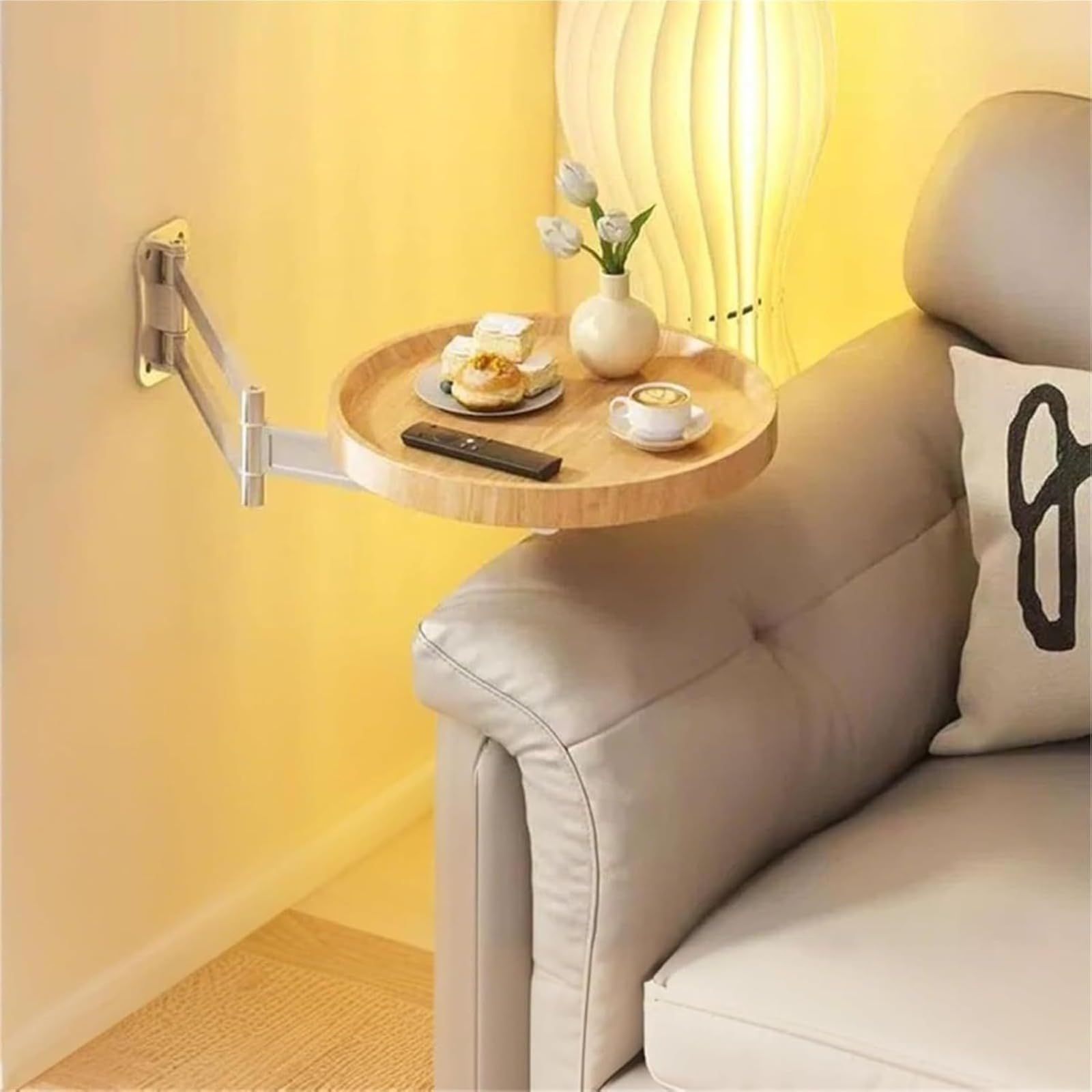 Folding Table Wall Mounted Small Round Tray, Fold Down Wall Desk - Flip-Out Design Nightstand, Extendable Space Saving Dining Table Floating Side Table Extender Shelf (Original Wood Color)