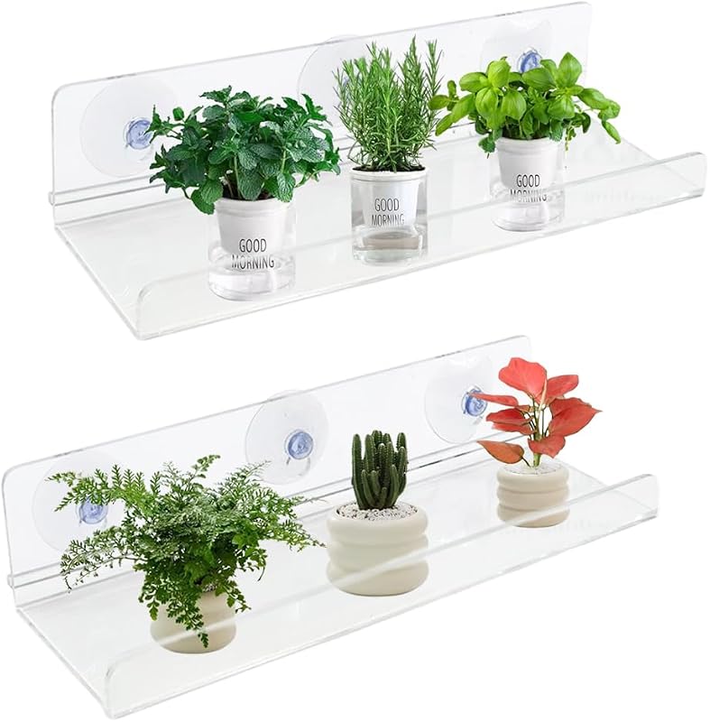 2 Pack Ledge Suction Cup Window Shelf 12 Inch Acrylic Window Box Shelf for Plants Indoor Hold Window Planter Succulents Flowers or Herbs