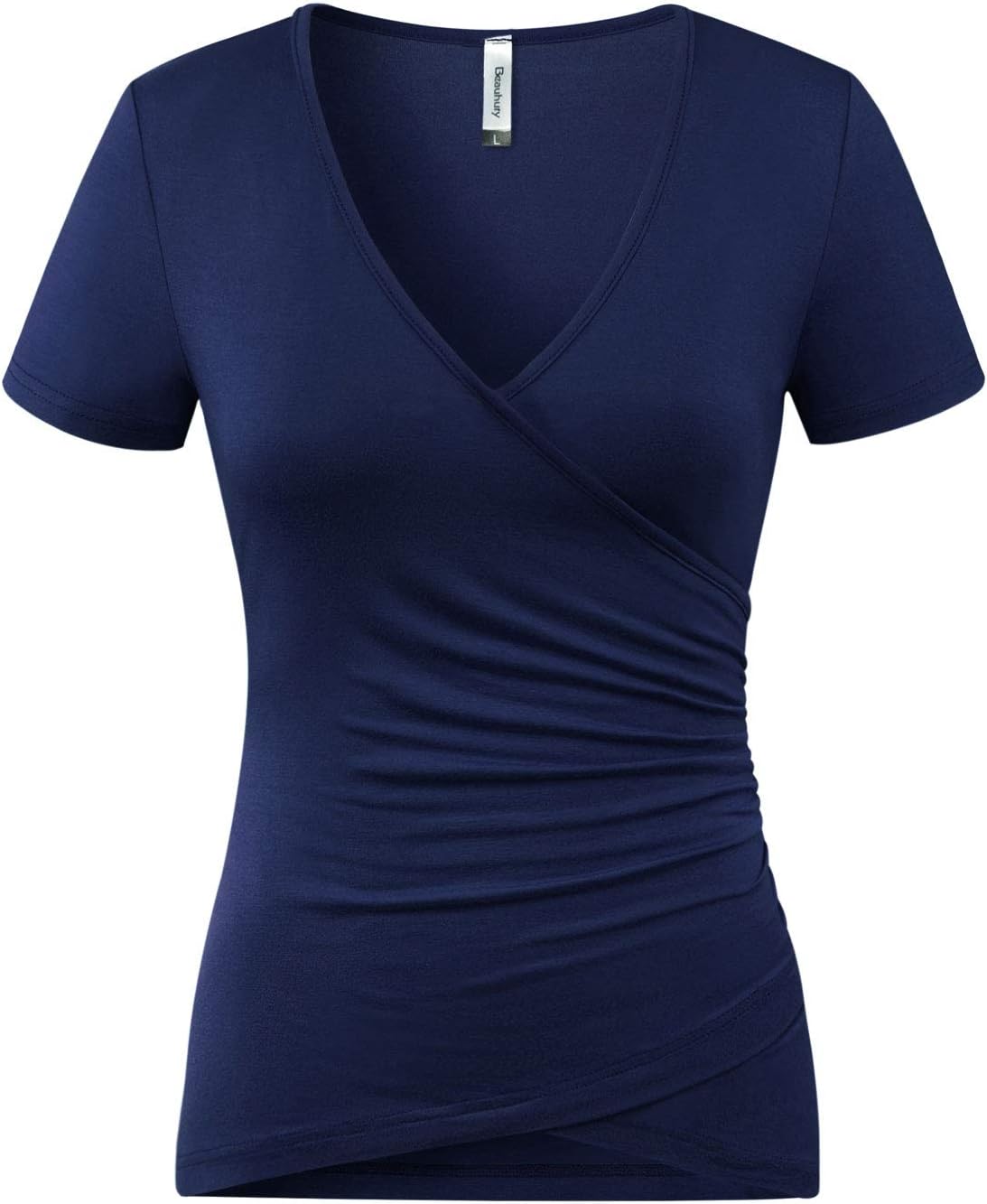 Beauhuty Women’s Top Deep V Neck Slim Fitted T-Shirt Front Wrap Ruched Short Sleeve Tee