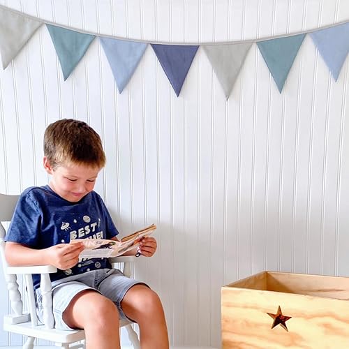 Miniatura 9 de Guirnalda de banderas de lino azul marino multicolor. Bandera de tela pastel de 8 triángulos para decoración de habitaciones. Banderín colgante para