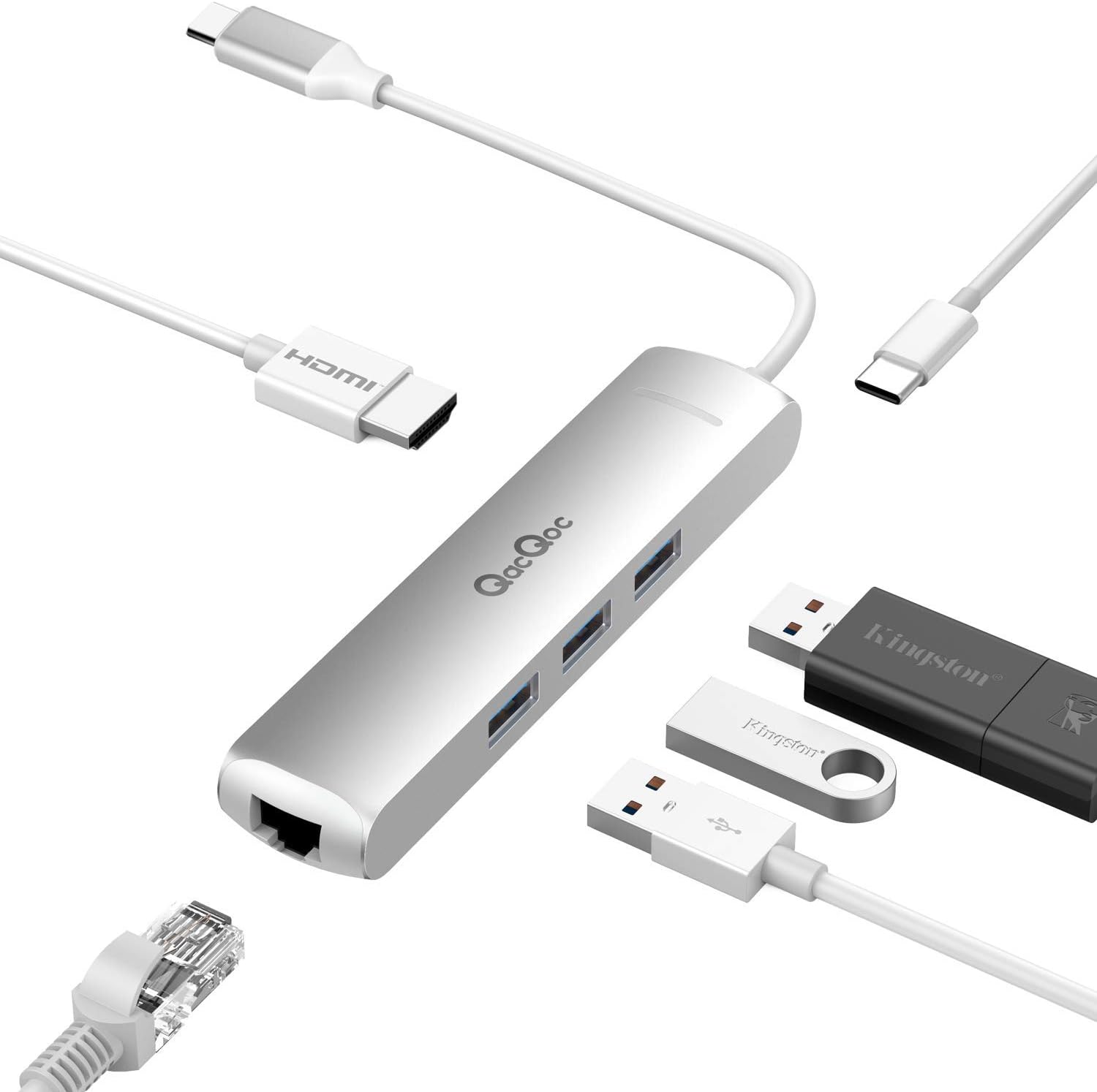 QacQoc USB C Hub, Type C Hub Adapter with HDMI 4K Port, Gigabit Ethernet Port, USBC Power Delivery, 3 USB 3.0 Ports, Aluminum USB C to HDMI Adapter for MacBook Pro, MacBook and More (Sliver)