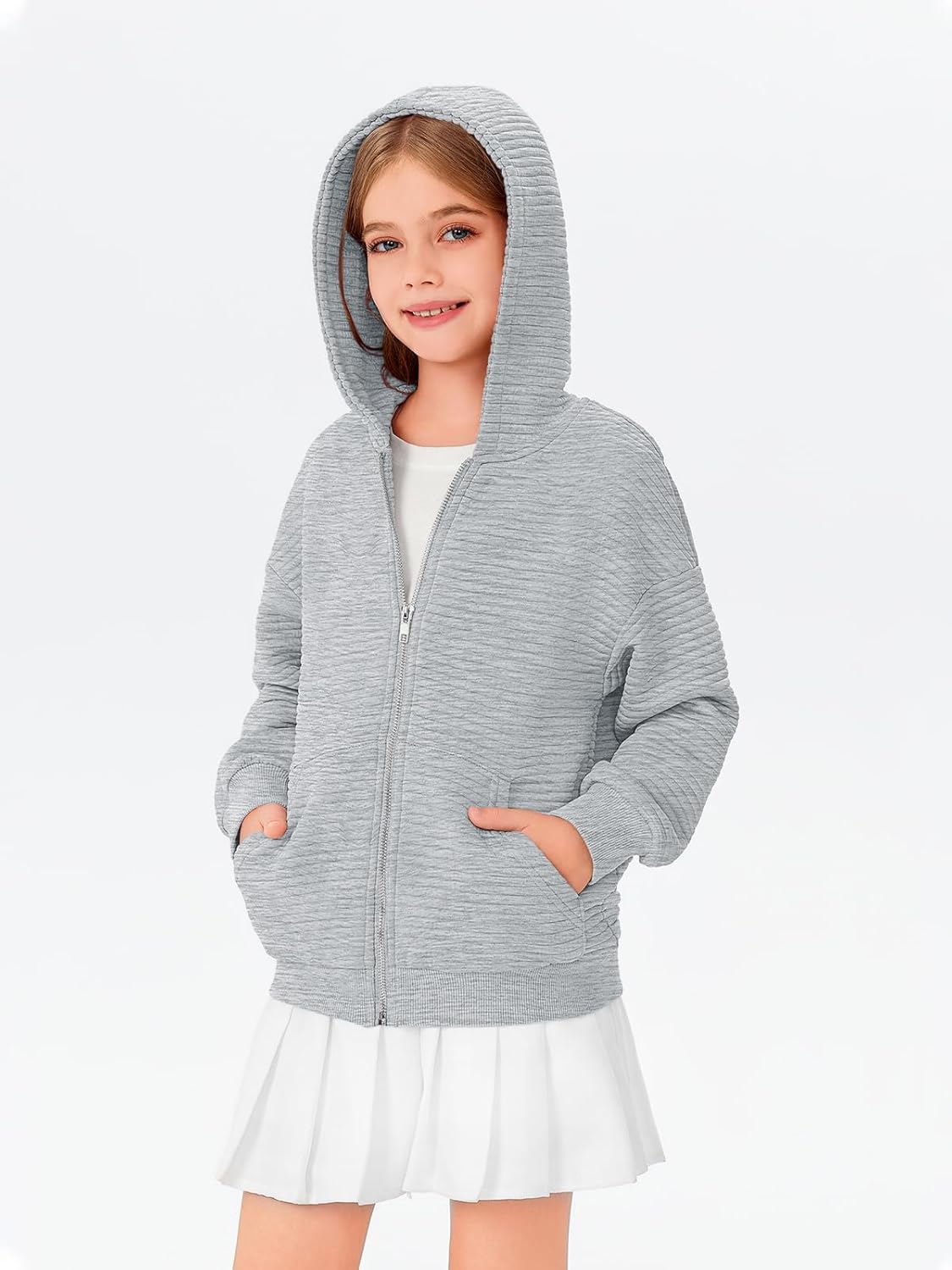 Haloumoning Girls Zip Up Hoodie Kids Fashion Oversized Textured Sweatshirt Jacket with Pockets 5-14 Years - Image 4