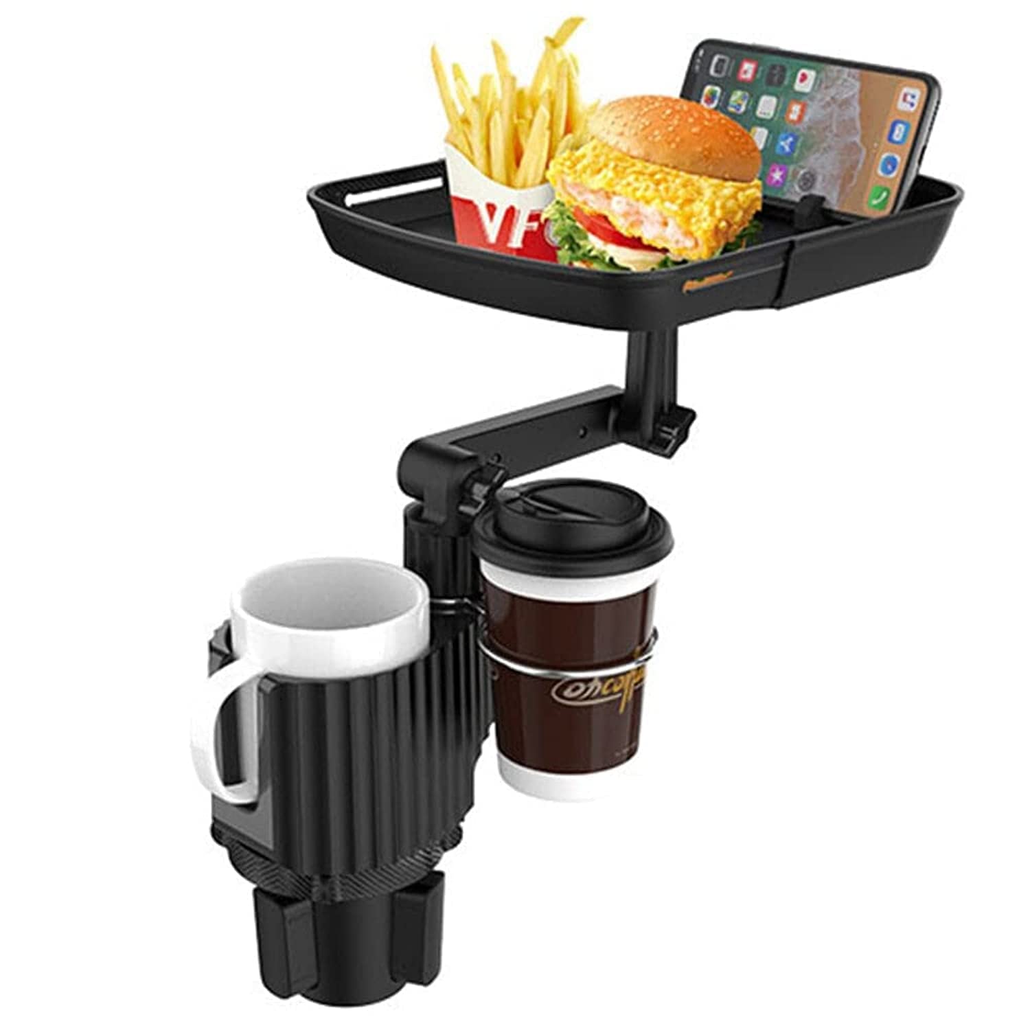 2 in 1 Multifunctional Car Cup Drink Holder, Expander Adjustable Detachable Food Tray, can extend to 9.4x8.3 inch, with flexible silicone phone slot