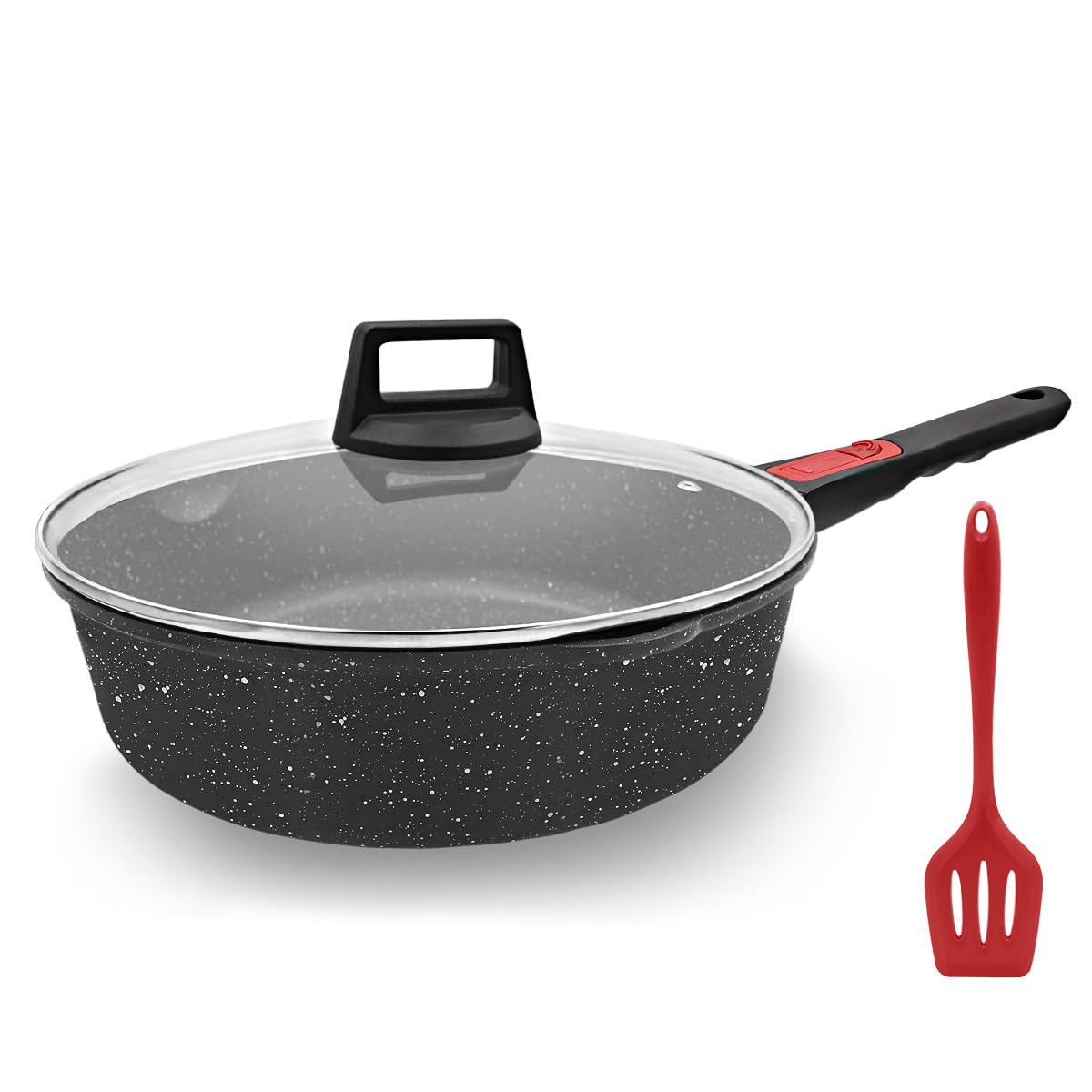 AIKENBBKK Antihaft Pfanne 28cm Bratpfanne mit Deckel 4.3L Beschichtet pfanne mit Abnehmbarer Griff, Geeignet für alle Herdarten, Backofenfest(Schwarz)