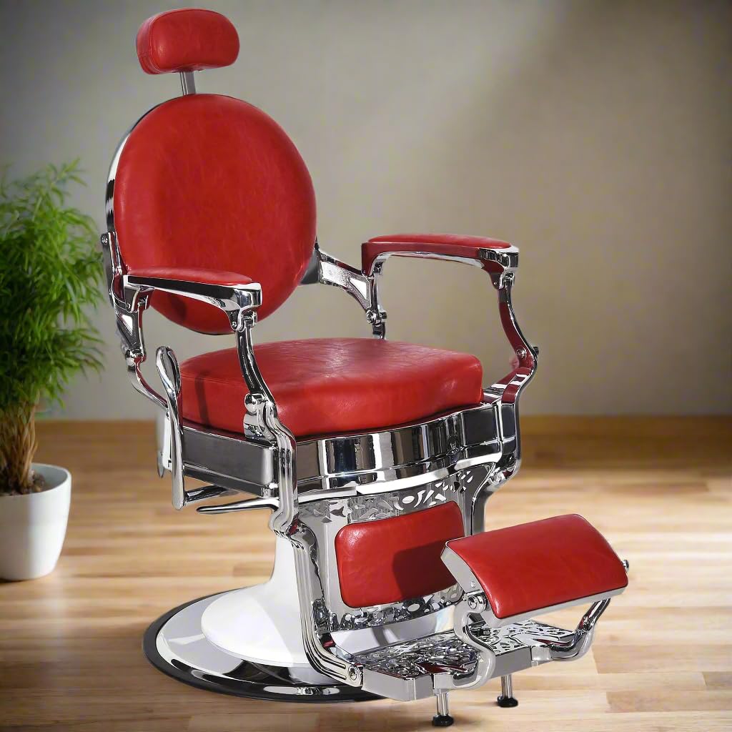 BarberPub Vintage Barber Chair All Purpose Heavy Duty Metal Hydraulic Recline Salon Beauty Spa Chair Equipment 3860 (Red)