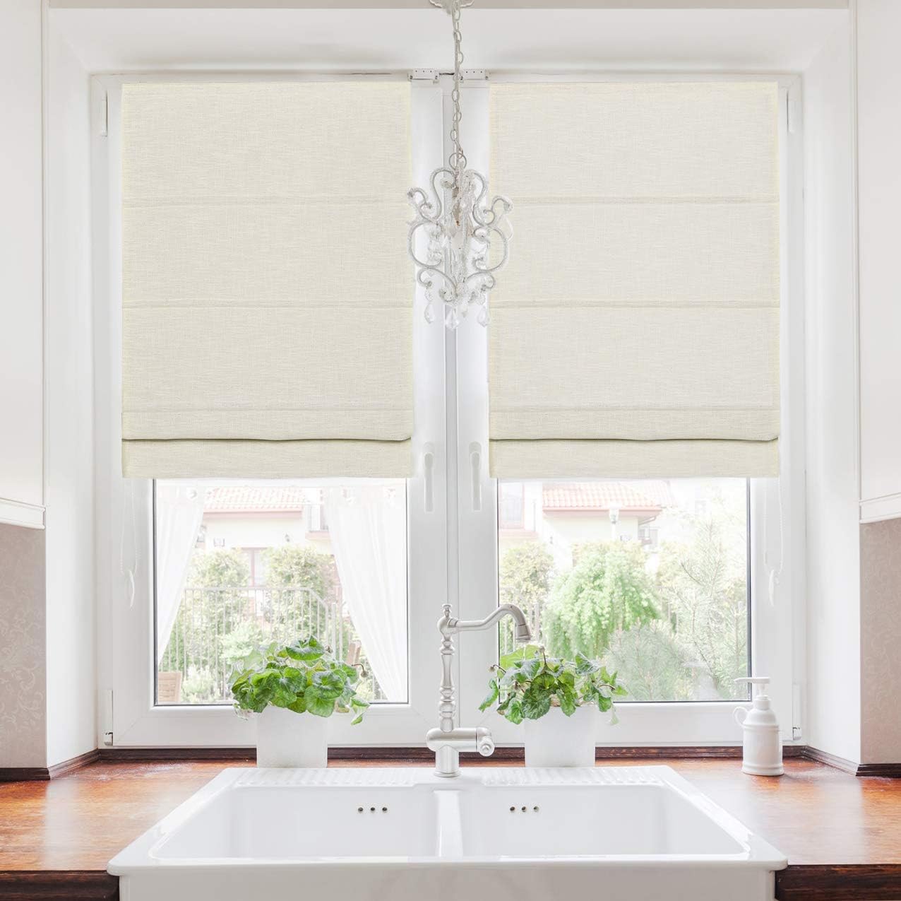 TWOPAGES Roman Blinds Faux Linen Roman Shade for Kitchen