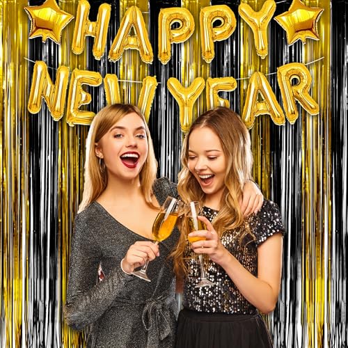 Black and Gold Party Streamers Decoration - GREATRIL Foil Fringe Backdrop for 2026 NYE/Anniversary/Farewell/Cocktail/Prom/EID/Birthdays - 3.2ft X 8.2ft - 2 Packs - Image 7
