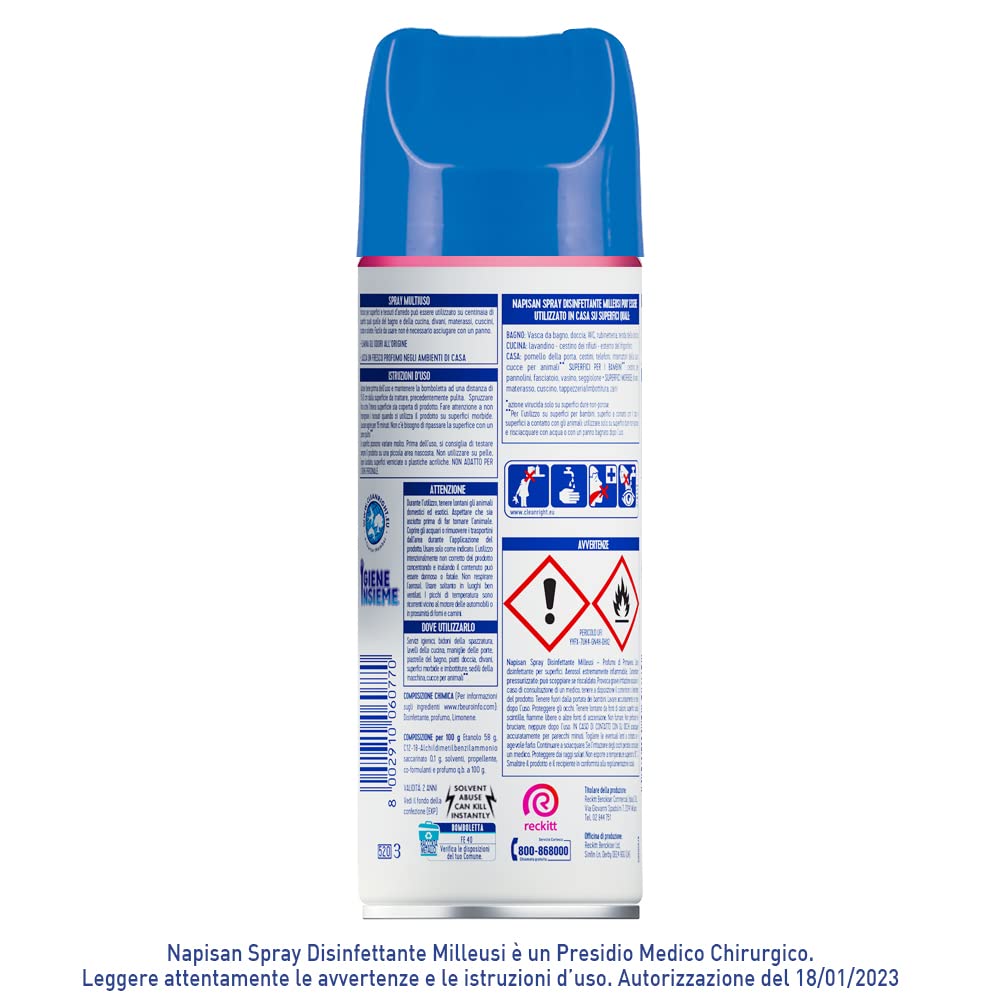 Napisan Spray Disinfettante Milleusi, Disinfettante Spray per Tessuti e Superfici, Fragranza Profumo Di Primavera, Confezione da 3 Spray da 400ml