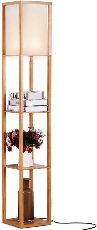 Brightech Maxwell - Lámpara de pie moderna con pantalla y bombilla LED blanca cálida, lámpara de pie de esquina con estantes para sala de estar, dormitorio, mesita de noche, oficina, almacenamiento de decoración del hogar - Madera natural