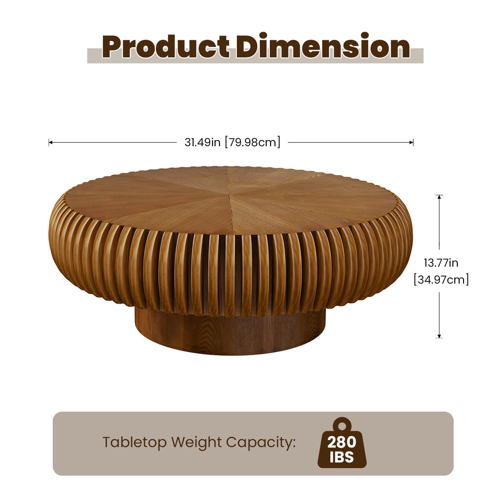 WXFKLDJ Mesa De Centro De Tambor De 80Cm, 31.5" Round Brown | Moderna Y Única, Con Diseño Acanalado, Redonda Y Contemporánea De Madera, Ideal Para Sala De Estar, En Nogal