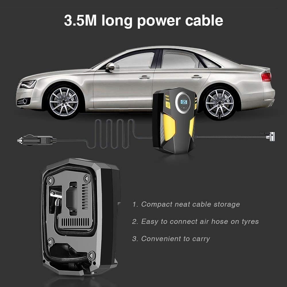 Inflador de Auto Tire Digital, 1 2V DC Bomba de compresor de aire para neumáticos de automóviles, 150 PSI Auto apagado con emergencia DIRIGIÓ Flasher, cable largo para automóvil, bicicleta, motoc