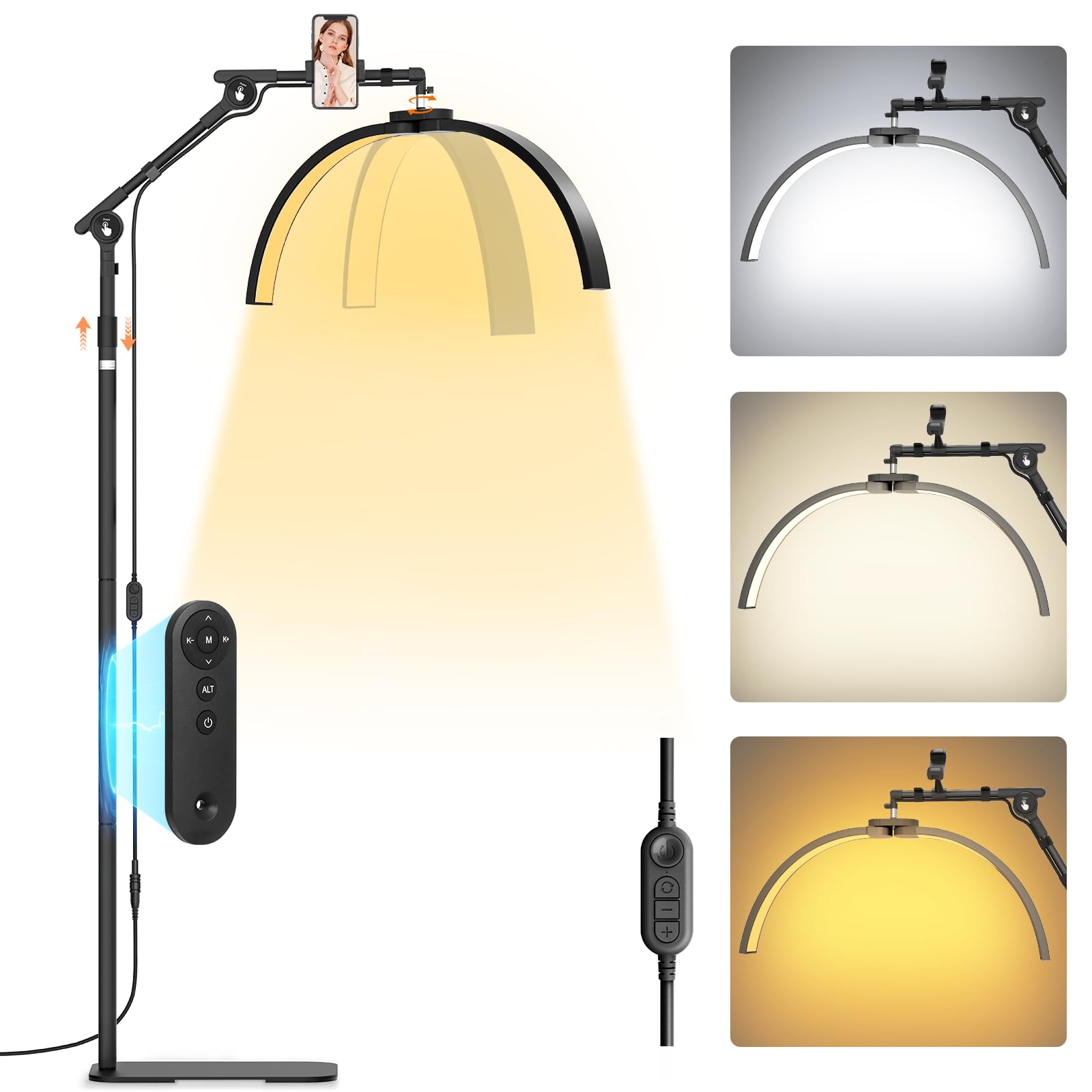 Adonafy Half Moon Lash Light: 28in Half Moon Lamp for Lash Extensions with Phone Holder - 3 Color Dimmable & 360° Rotating Eyelash Lamp for Lash Techs Home Salon - Black