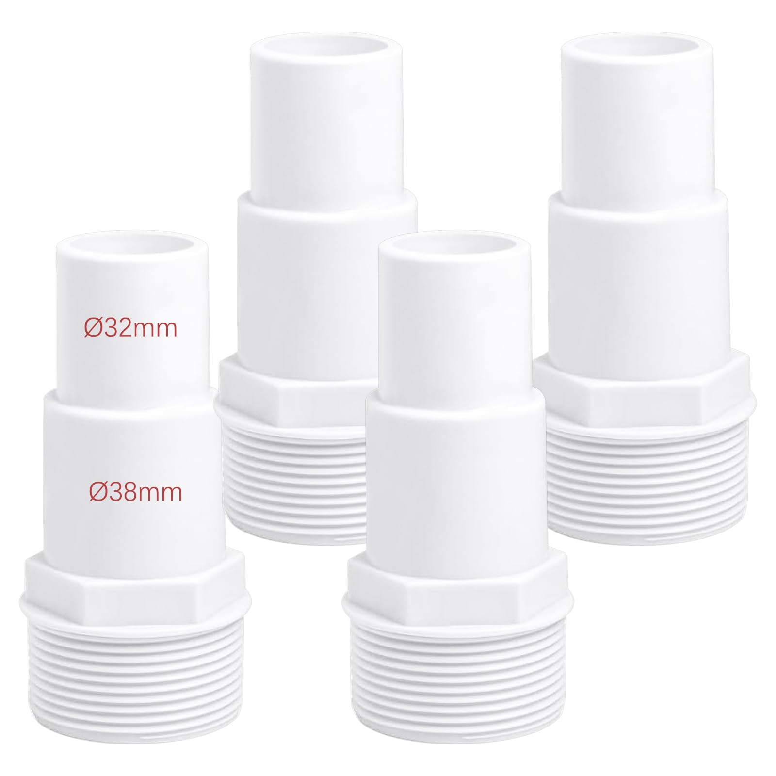 Juego de 4 conectores de manguera para piscina, diámetro de 32/38 mm a boquilla de manguera de 1,5 pulgadas, color blanco