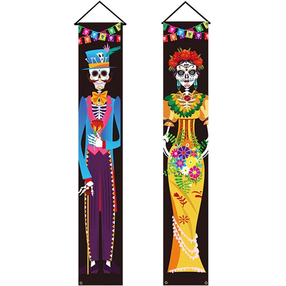 Lpitoy As Shown 2 Pcs Day Of The Dead Decorations Porch Sign Door Banner, Dia De Los Muertos Decor Halloween Decorations Skull Welcome Hanging Door Flag Indoor Outdoor Decor