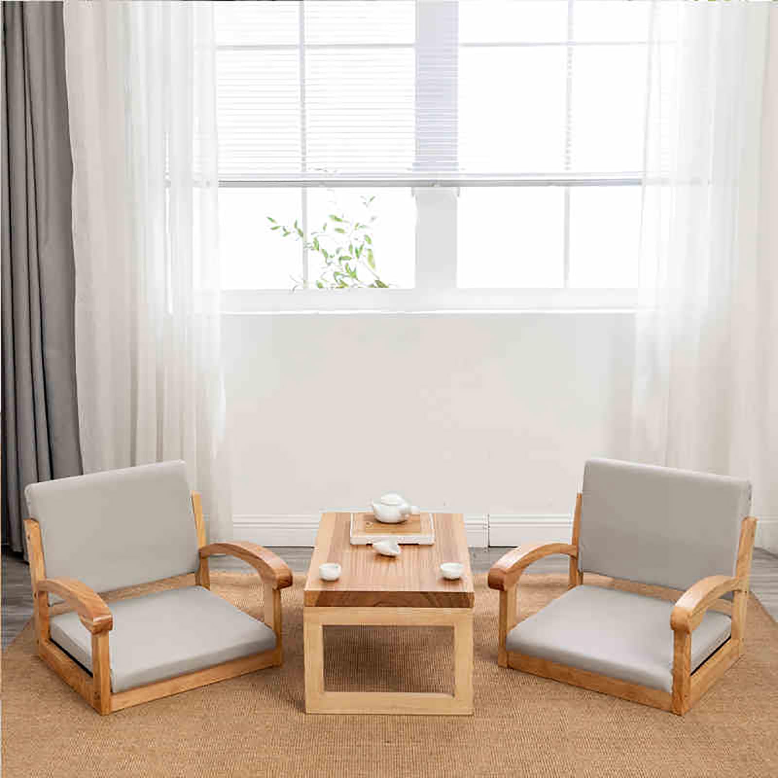 Chaise de Sol en Bois avec Dossier et accoudoirs,Chaise Tatami Japonaise sans Pieds avec Coussin,Chaise Basse Vintage pour Balcon,Salon,Chambre(Wood, Gray)