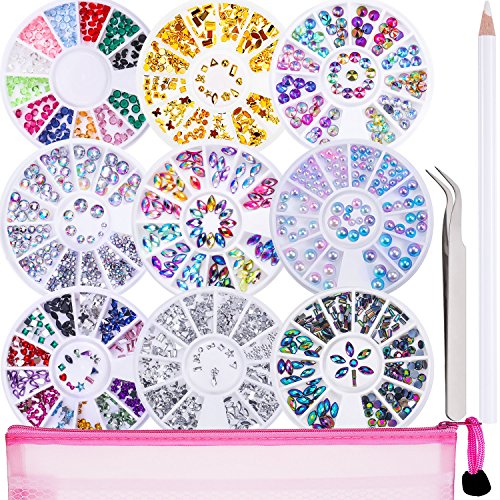 Hicarer 9 Boxes Nail Art Rhinestones Stones Set for Nail Art Decorations, Nail Beads Glitter Crystals Rhinestone Nail Decoration with 1 Piece Rhinestone Picker and Tweezer in Storage Bag (Style C)
