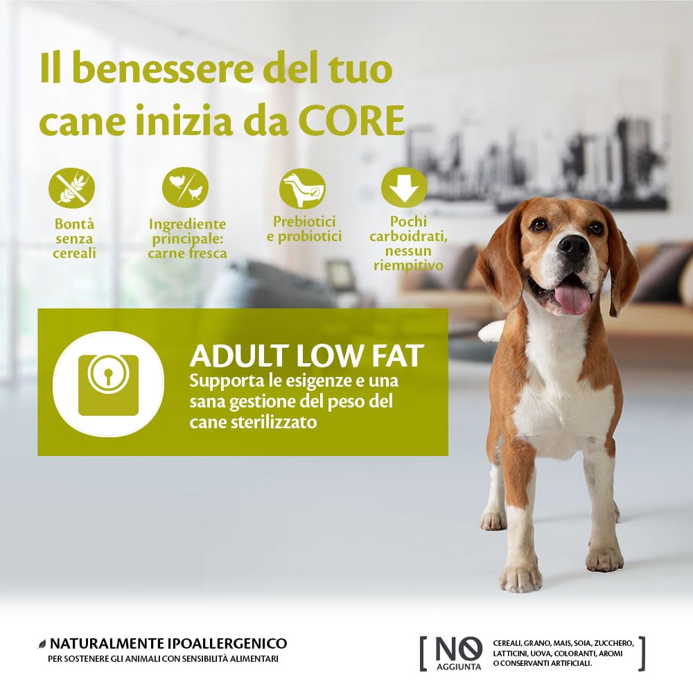 Wellness CORE Low Fat 10 kg, Tacchino – Crocchette Per Cani | Cibo Secco Per Cani Medi & Grandi, Senza cereali, Naturale, Ipoallergenico, Ricco di Proteine e Carne, Per un Peso Ideale