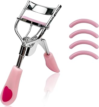 Pink Stainless Steel Eyelash Curler for Lasting Styling, with 4 Silicone Refill Pads, Pain-Free, Suitable for All Eye Shapes