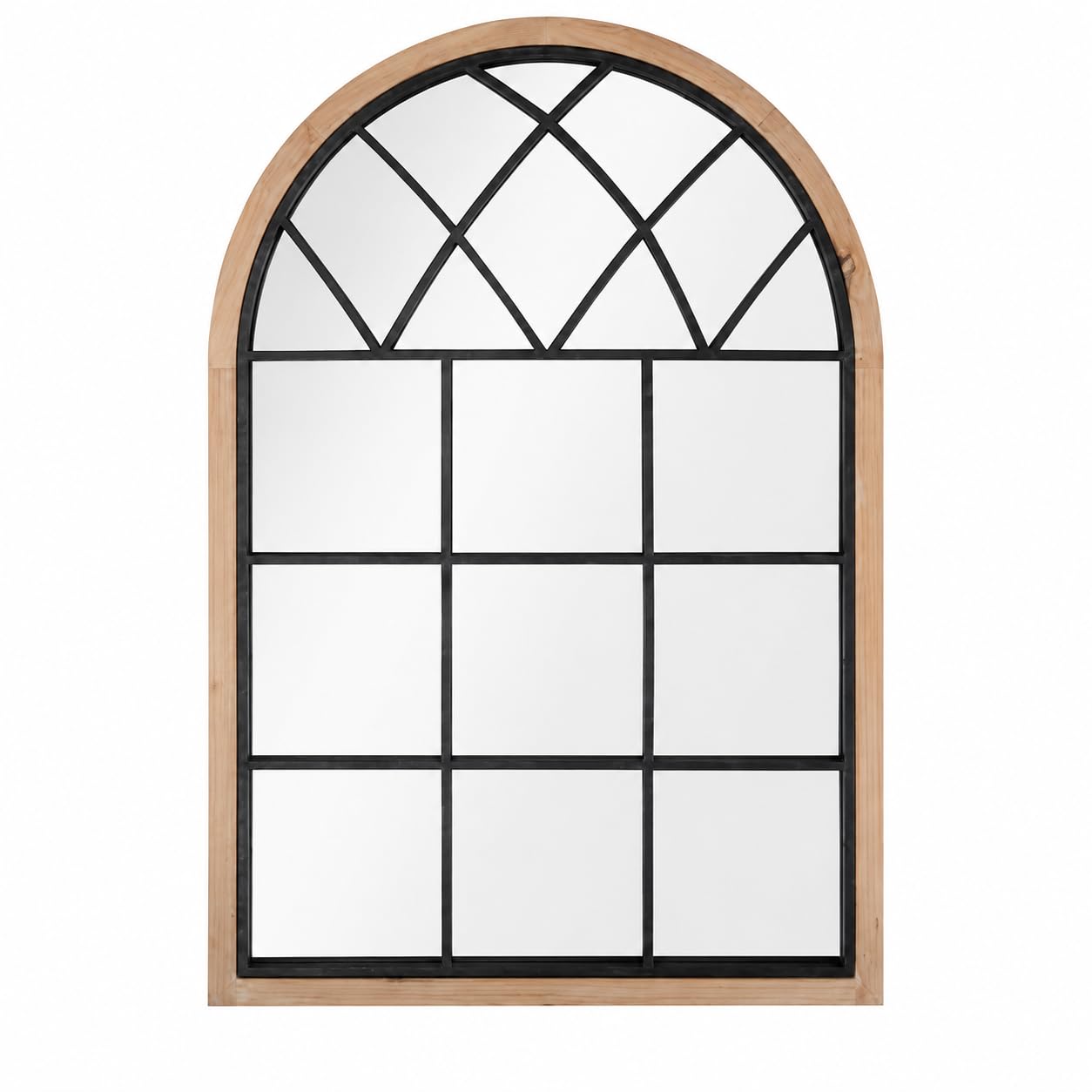 RS18048-1 Espejo Ventana Vintage de Gran Tamaño - Diseño Arqueado de Estilo Europeo con Marco de Madera Natural, Ideal para Decoración de Interiores