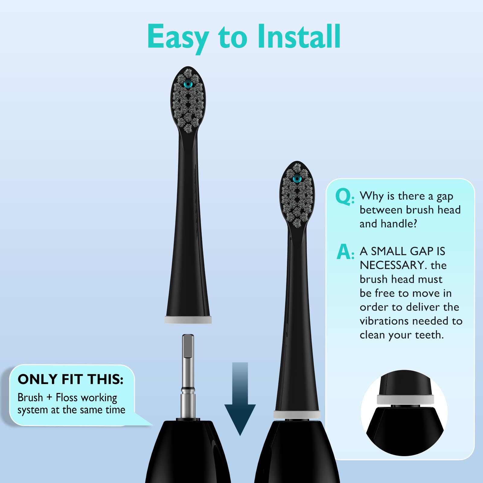 Cabezales de cepillo de dientes de repuesto para Waterpik y ZoCCee – Cabezal de cepillo de hilo dental compacto, 3 unidades – negro