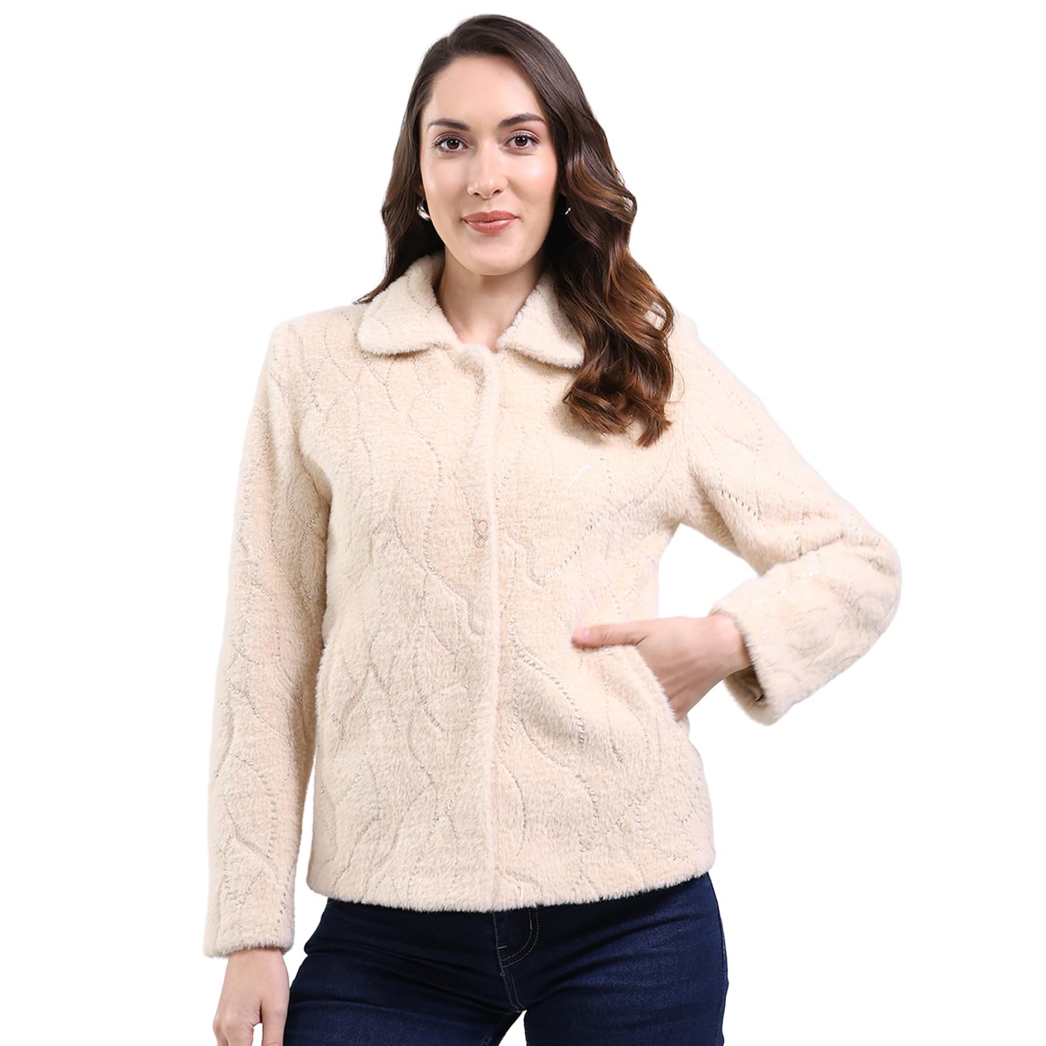 monte carlo Women Regular Fit Self Designed Pattern Collar Neck Side Pocket Button Closure Full Sleeve Winter Coat| Warm Woolen Overcoat for Ladies | Stylish Long Sleeve Buttoned Jacket (Pack Of 1)-picture-33