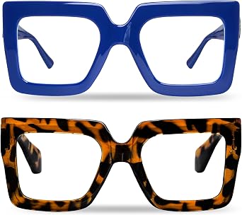 hoyuwak 2PCS Oversized Square Blue Light Glasses Big Frame Computer Eyewear Thick Fashion Clear Glasses for Women Fashion