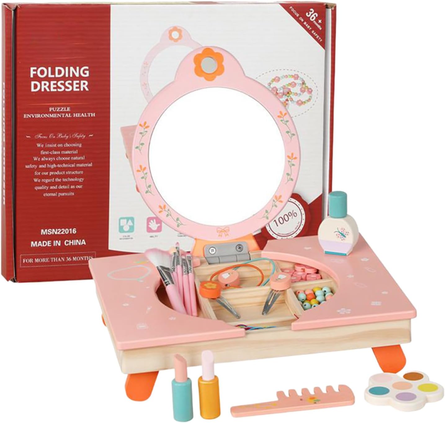 Kids Play Vanity - Wooden Dressing Table Mirror, Folding Pretend Play Girls Vanity Set with Comb Cosmetics, Toy Makeup Table, Plays Vanitys for Dress Up Details, Home Children Room Game Use