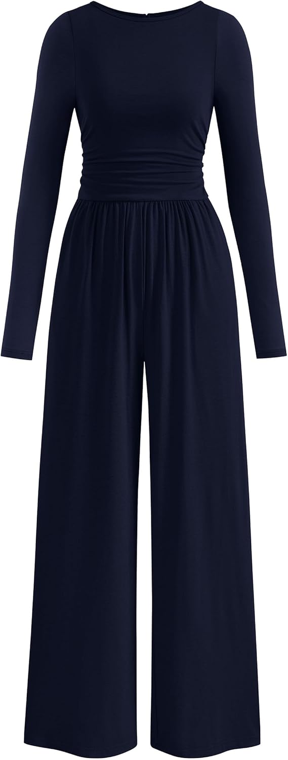 PRETTYGARDEN One Piece Jumpsuits for Women Dressy Casual Long Sleeve Crewneck Wide Leg Romper Overalls Fall Outfits 2025
