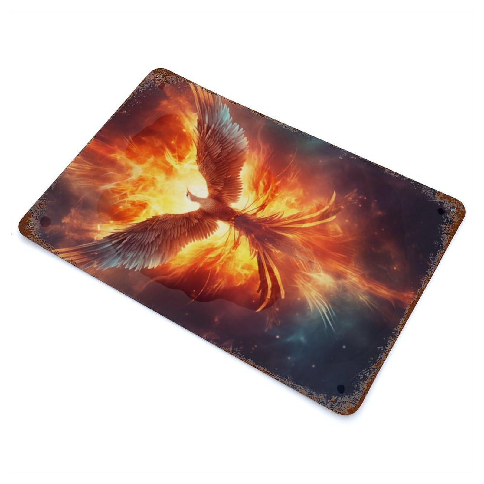 Fire Flames Phoenix Bird 11.8"x7.9" Distressed Metal Wall Sign, Shabby Chic Decor for Office, Studio And Wall Decor