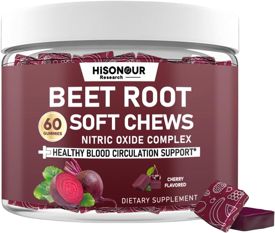 Beetroot Chews, Beet Root Soft Chews with Grape Seed, Pomegranate, Black Pepper, Vitamin C, B12, Nitric Oxide Supplement for Men & Women, Cherry Flavor, Sugar Free, 60 Chews
