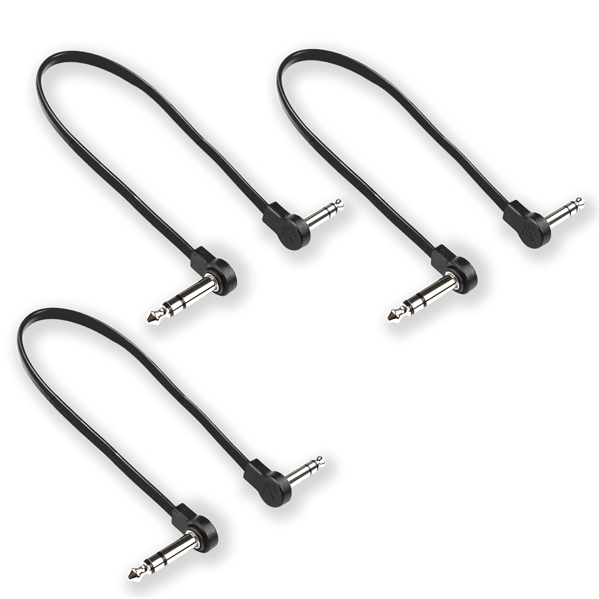 Flat Low Profile Stereo Guitar Patch Cable 20 inch for Effects Pedals, 1/4 inch TRS Right-Angle, Black, 3-Pack