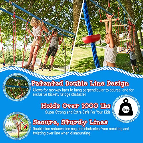 Double Slackline Obstacle Course - 110 Ft Line - Ninja Warrior Course with Monkey Bars for Kids - Patented Double Line Design (110' Ultimate Warrior Set, with Rickety Bridge)