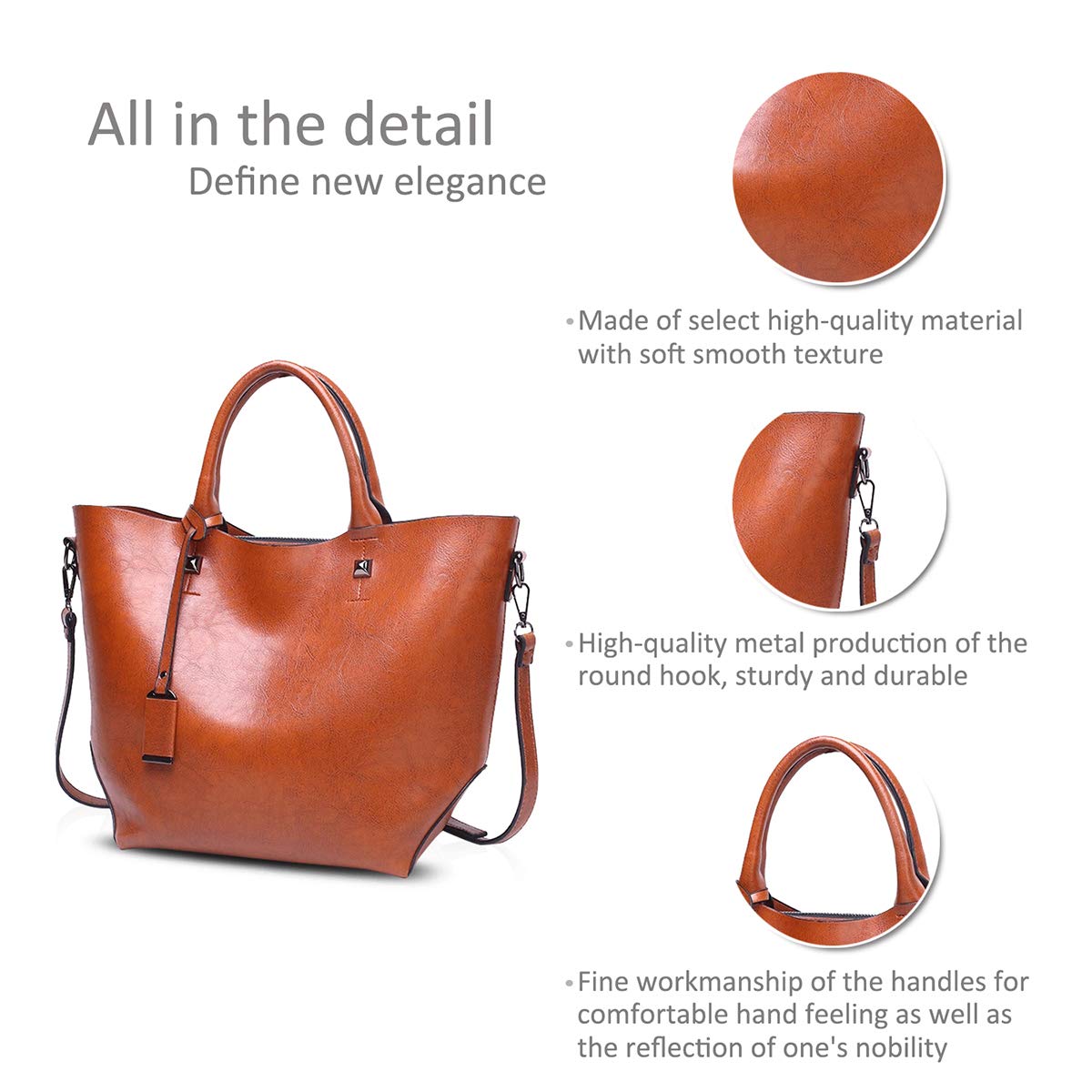 ADITAM Fashion Damen Bucket Bag Tote Handtasche Umhängetasche Messenger Große Tasche Wasserdichtes PU-Leder Braun Double the Comfort