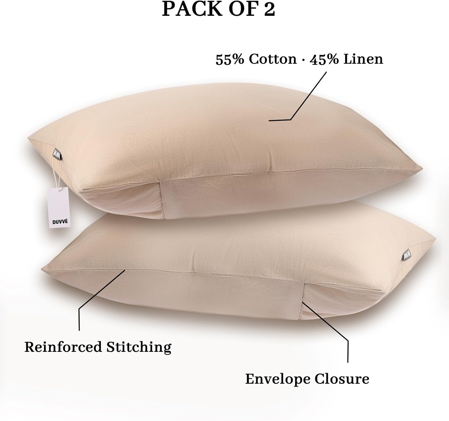 Luxury Pillowcase Set (2 Pack), Cotton Linen Blend, Soft Breathable, Envelope Closure (Beige, King)