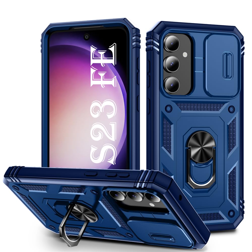 PASNEW Samsung Galaxy XXX対応 ミリタリーヘビーデューティー保護 カメラレンズスライドカバー 内蔵360°リングキックスタンド  車用磁気ホルダー電話 XXX用 6.4インチ ブルー