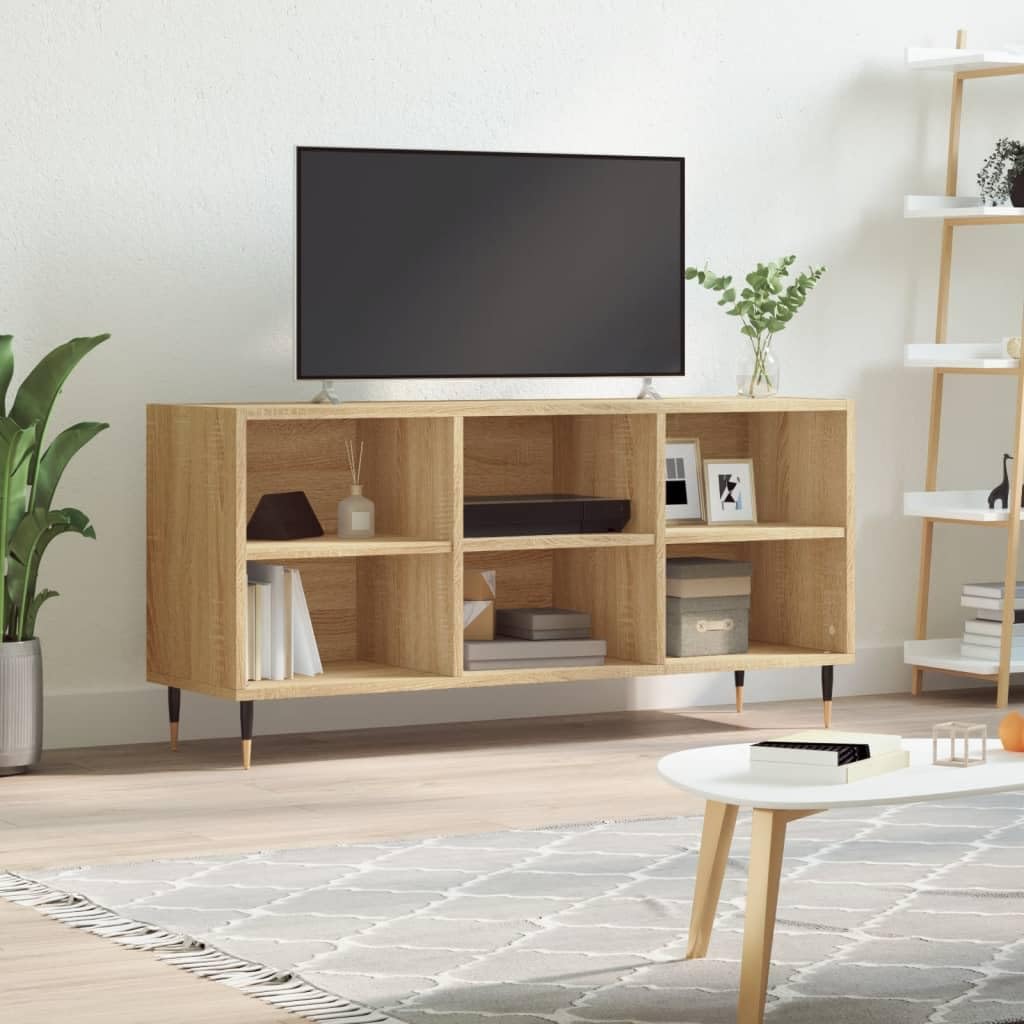 Mobile TV in rovere Sonoma, 103,5 x 30 x 50 cm, in legno con 6 scomparti, gambe in ferro e supporto da parete, per soggiorno, camera da letto, gaming, home theater, salvaspazio