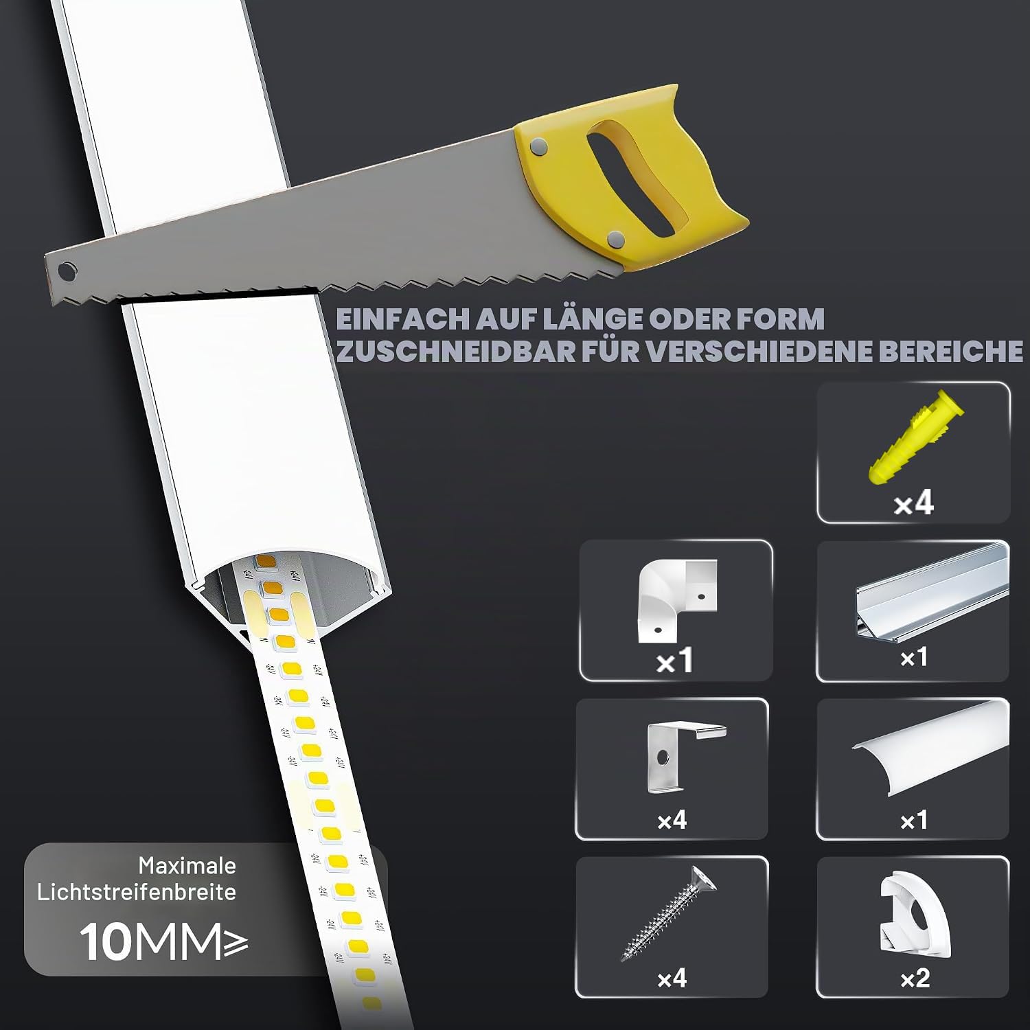 Shine Plus Profil narożny LED, 2 m x 10 sztuk, profil 45° V, szyna z alu, kanał i dyfuzor, pasuje do taśm LED do 10 mm
