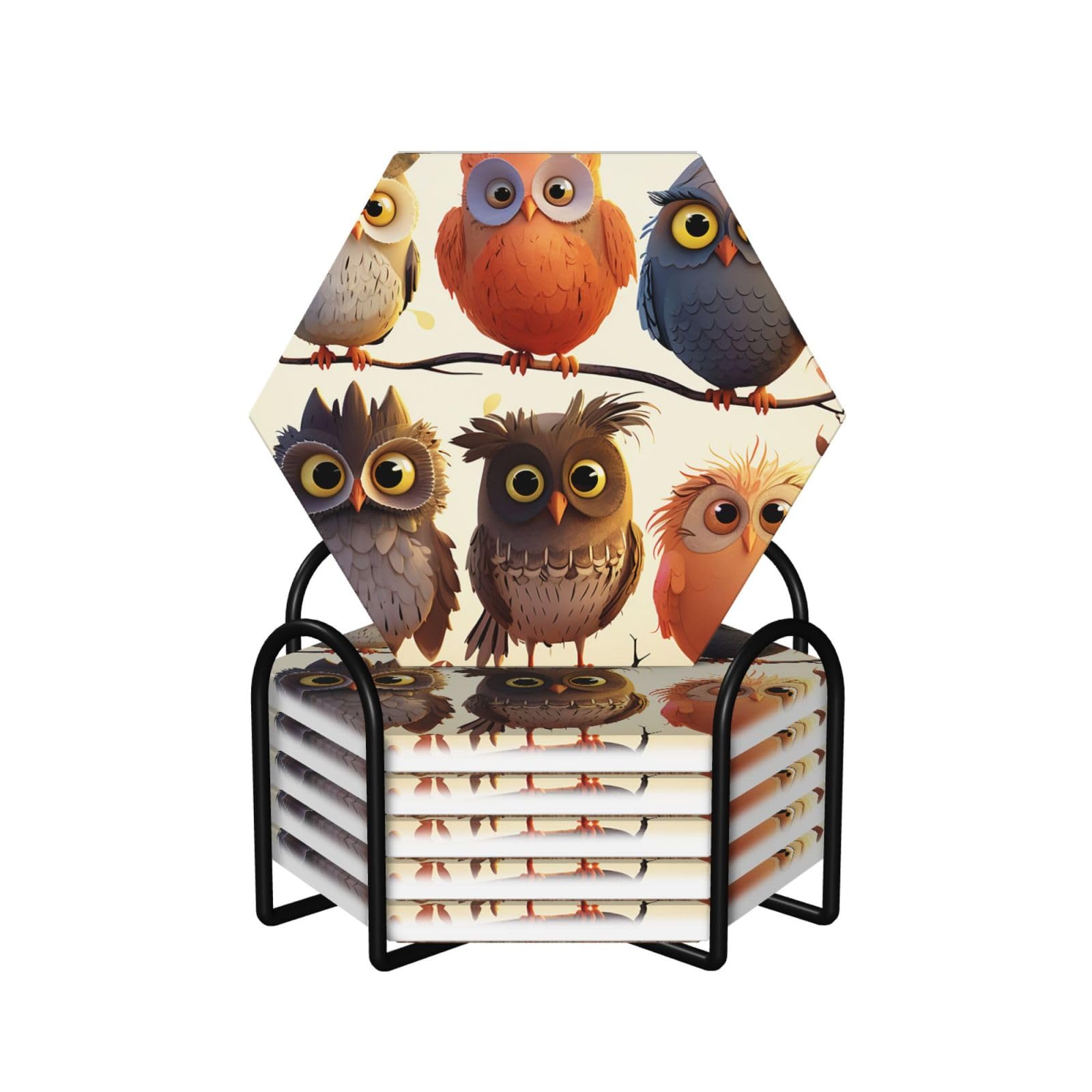 Dessous de verre en céramique lot de 6 avec support motifs hiboux et oiseaux