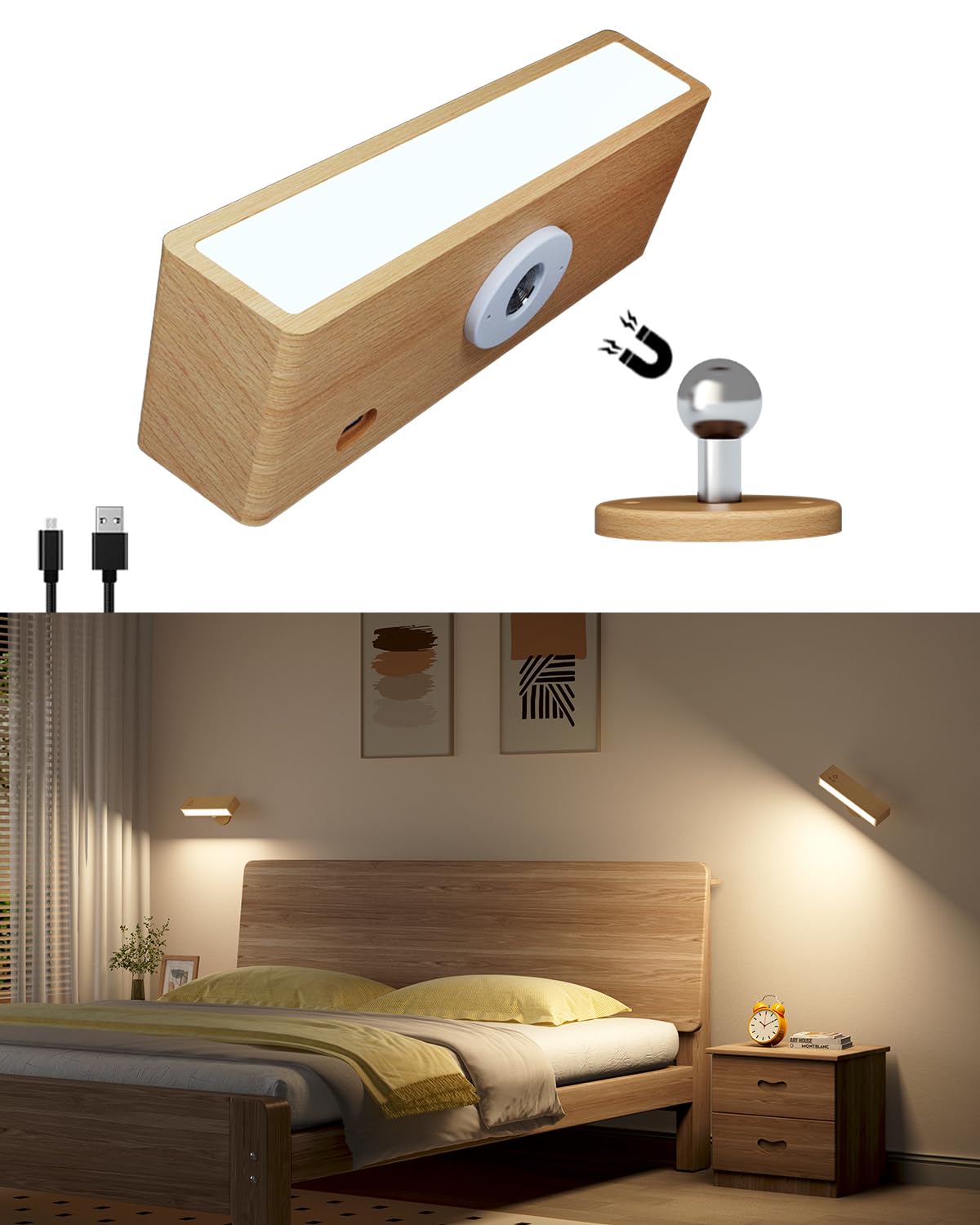 DetarZinLED Applique da Parete Interno,Lampada da Comodino a Batteria,Lampada da Lettura Ricaricabile,Applique Senza Fili Touch,Rotazione a 360°,Moderno Luci LED a muro per Soggiorno,Corridoio