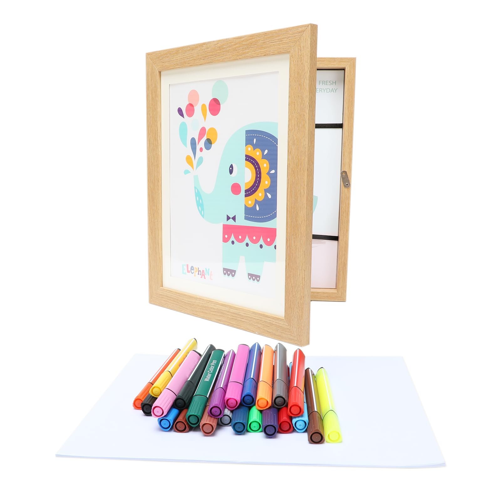 Kids Art Frame, Changeable Display 8.5"×11" or 7"×9" with Mat, Storage 100 with Magnetic Door, Wood Color, For Children Artwork, Desktop or Wall Mounted, with 24 Marker pens
