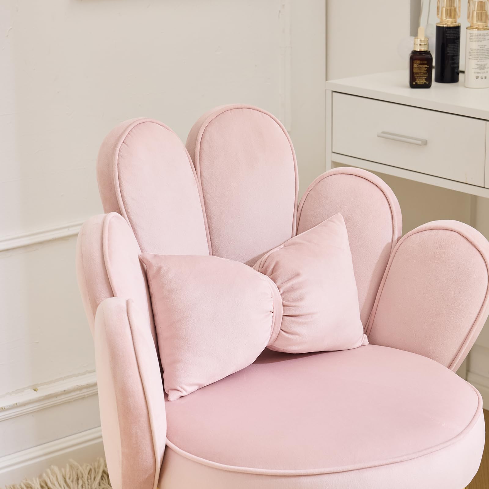 Schminktisch Stuhl mit Blütenblatt-Rückenlehne, Sessel Wohnzimmer, Lesesessel mit Schleifenkissen (Rosa)