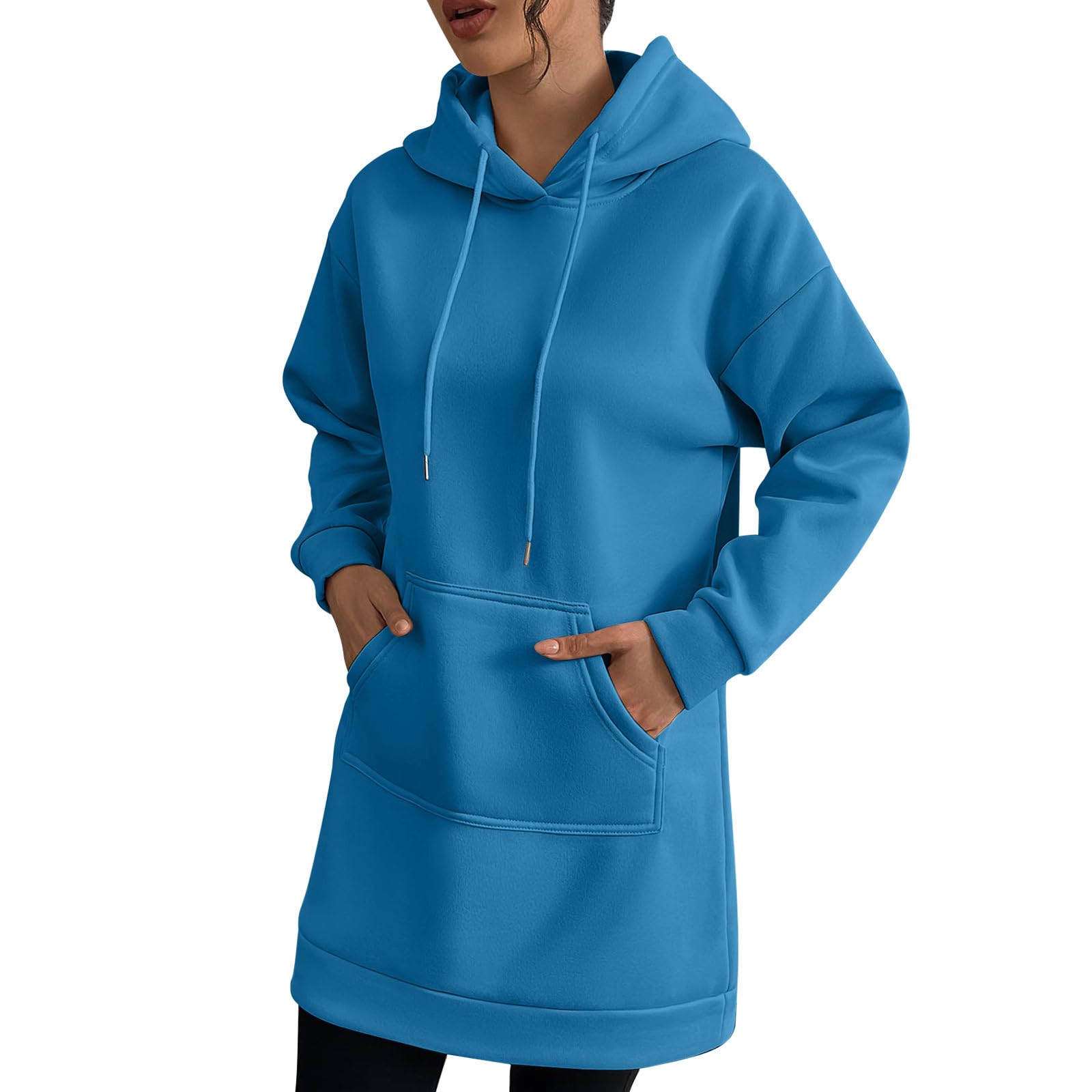 Womens Sweatshirt Dress Long Sleeve Casual Drawstring Hoodies with Pockets Fall Fashion Solid Color Mini Dresses