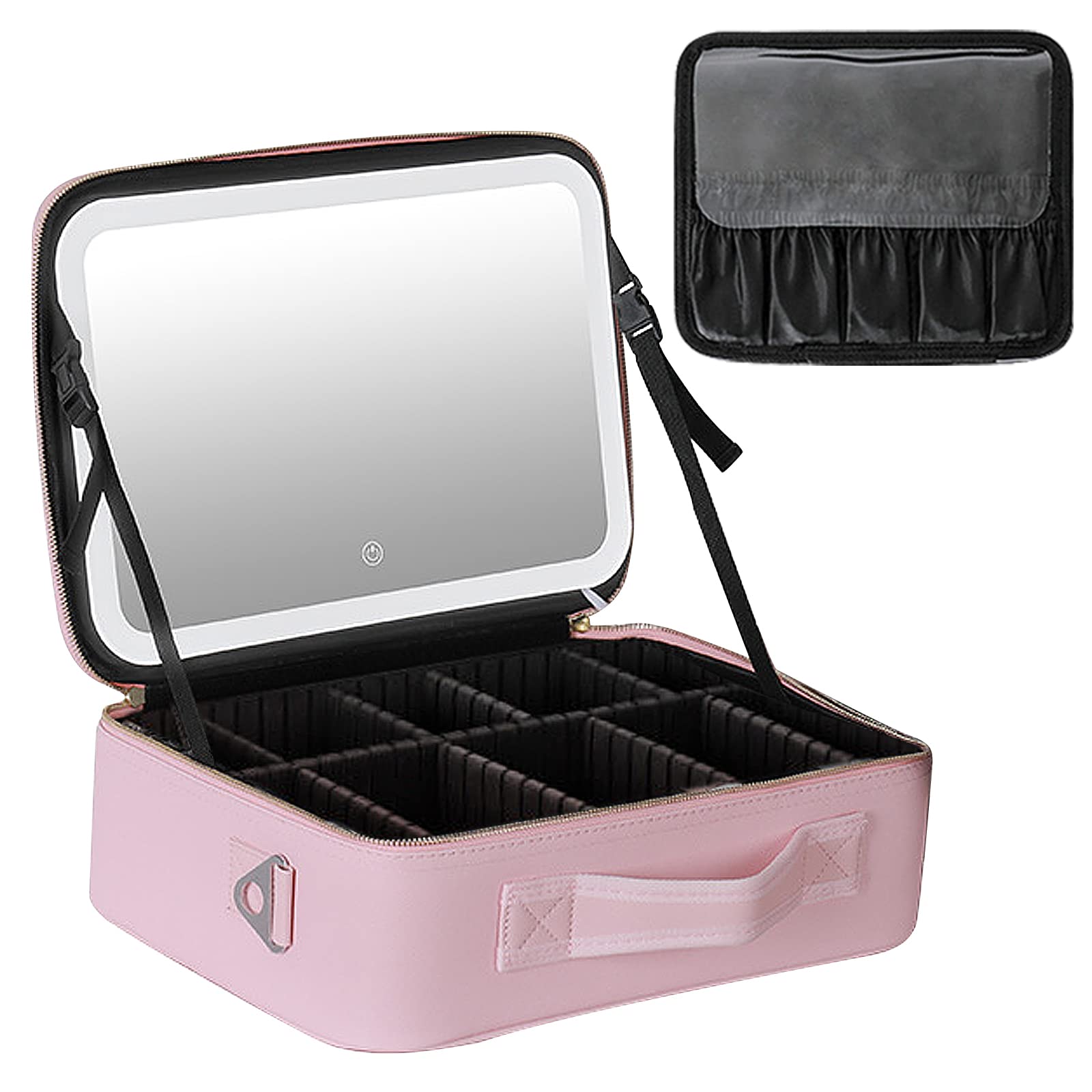 Bolsa de cosméticos de gran capacidad con espejo y luz, bolsa de cosméticos profesional con espejo iluminado, bolsa de cosméticos portátil, compacta y práctica, Rosa., large, Bolsa de cosméticos con