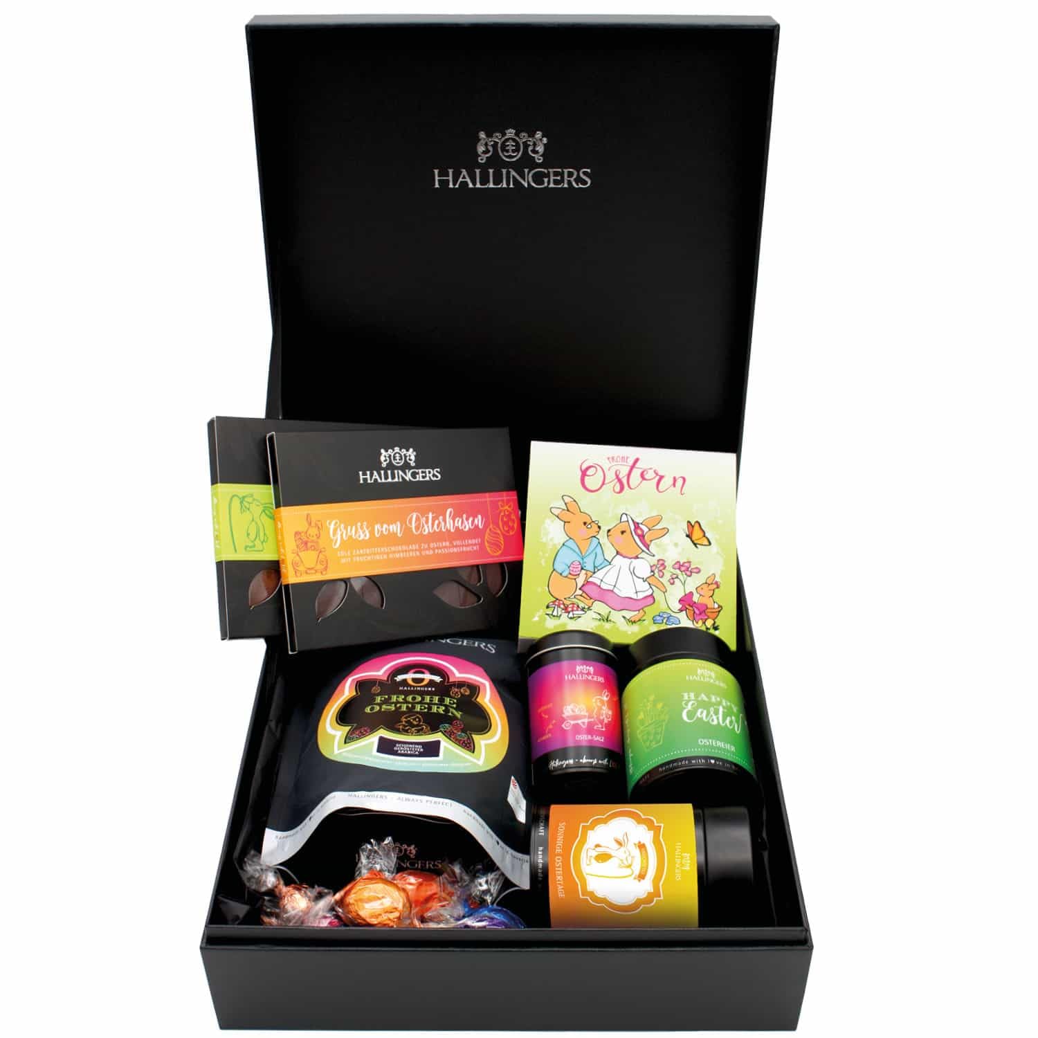 Hallingers Genuss Manufaktur Feinkost Oster-Geschenk-Set - XXL-Geschenkkorb "Easter Big Box ..." großes Osternest Schokolade, Kaffee, Pralinen-Ostereier & Osterhase, Ostern Körbchen für Frauen Männer