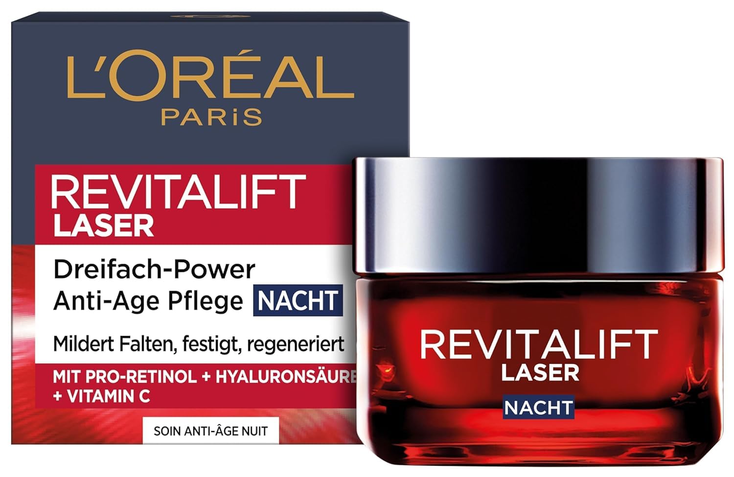 L'Oréal Paris Anti-Aging-Nachtcreme mit Dreifachpower für Frauen: mildert Falten & strafft die Haut, mit Pro-Retinol, Hyaluronsäure und Vitamin C, RevitaLift Laser, 1x 50ml