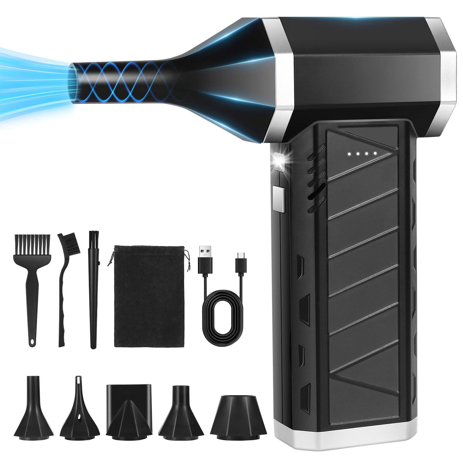 Souffleur Air Comprimé- 150000 TR/Min de Pulvérisation d’Air Comprimé avec Batterie 6000mAh et 5 buses, Kit de Nettoyage de Clavier d’Aspirateur à 3 Vitesses avec Lumière LED pour Le Nettoyage de PC
