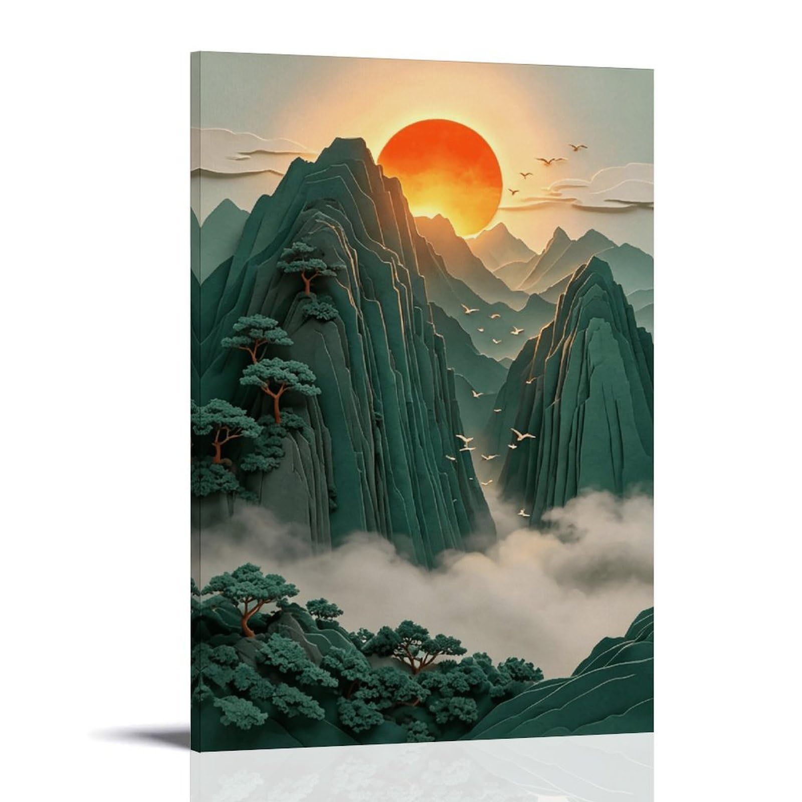 MGHTGRWE Eastern Tiered Misty Peak Sunset Motif 03 Poster Wall Art Canvas Vintage Aesthetic Painting Decor for Rooms 24x36inch Frame-style