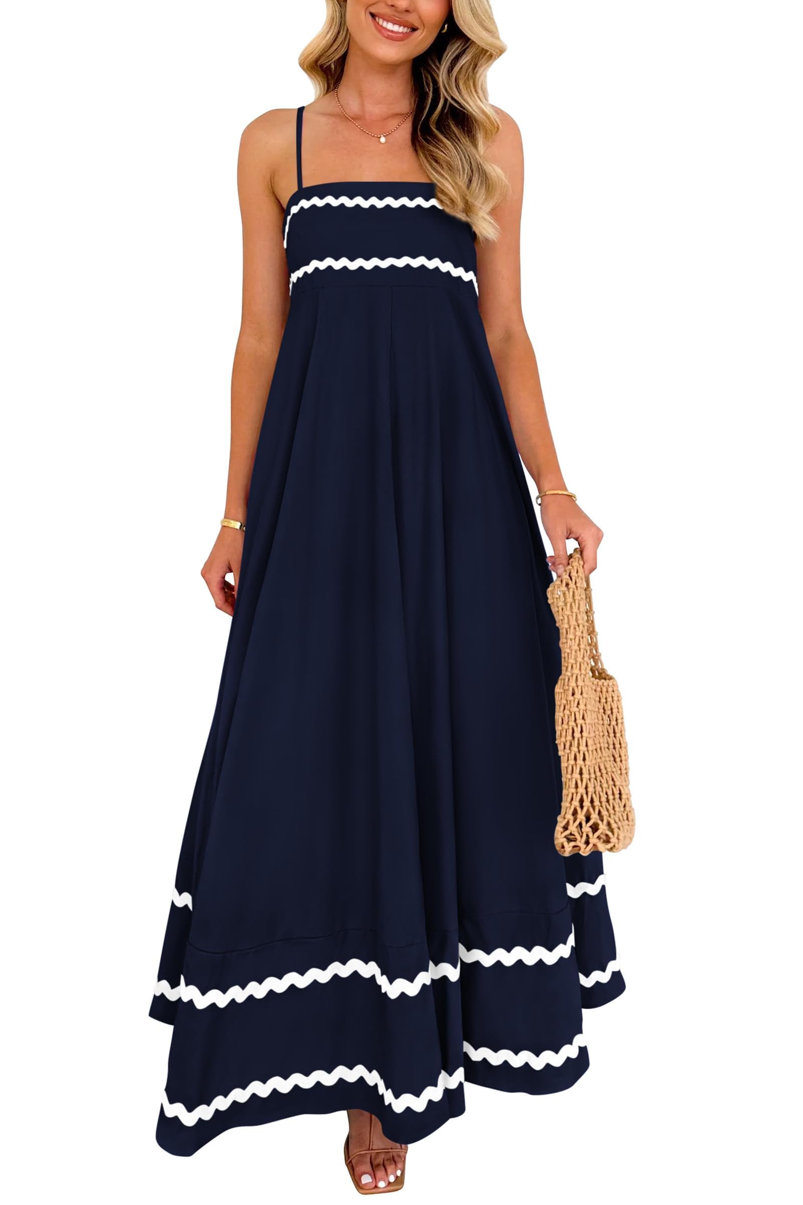 PRETTYGARDEN Women's Summer Spaghetti Strap Boho Maxi Dress | Sleeveless Flowy Sundress, Square Neck, High Waist, Ruffle Swing A Line Long Dresses Pockets, Party, Beach Vacation Clothes